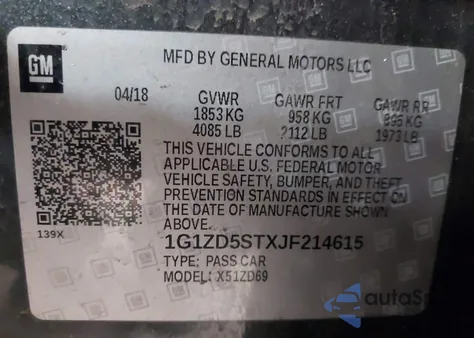 2018 Chevrolet Malibu Lt z USA, uszkodzony, nr VIN 1G1ZD5STXJF214615